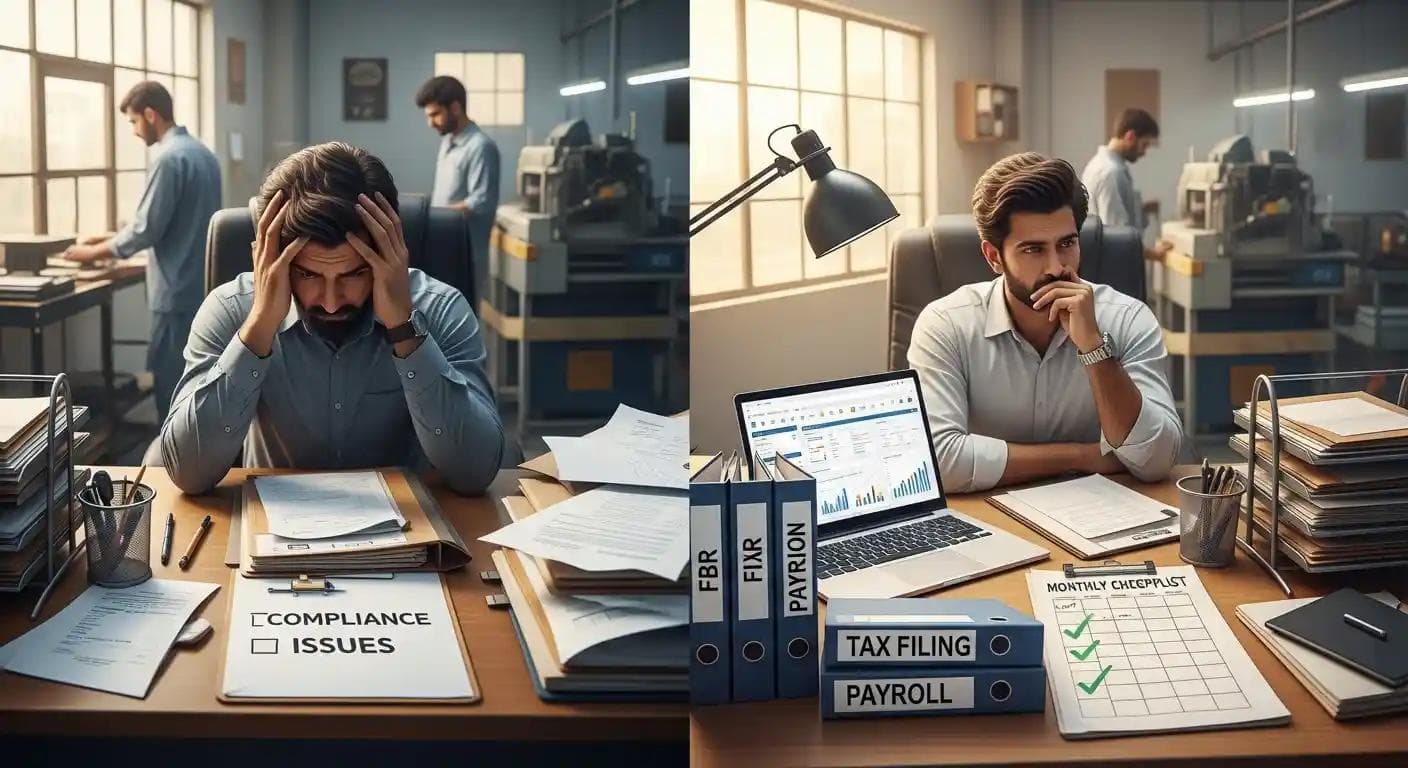 A highly realistic scene inside a small manufacturing factory in Lahore, Pakistan. A stressed SME business owner sits at a cluttered office desk filled with scattered tax papers, compliance files, invoices, and a messy checklist labeled “Compliance Issues”. In the background, factory workers and machinery are slightly visible. On the other side of the image, show a transformation: the same office now clean and organized, with a laptop displaying structured compliance dashboards, neatly arranged files labeled “FBR”, “Tax Filing”, “Payroll”, and a completed monthly compliance checklist with checkmarks. The business owner looks relieved and confident. Natural lighting, industrial + office mix environment, ultra-realistic, DSLR quality, 4K resolution. Add subtle overlay text: “From Compliance Chaos to Control – A Real-World SME Story in Lahore”. Professional business storytelling style.