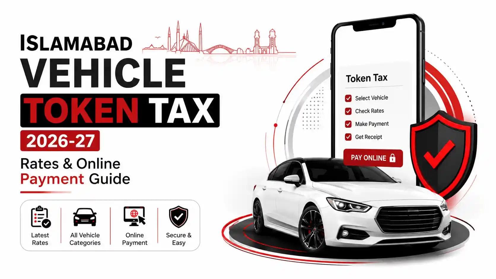 Islamabad Vehicle Token Tax 2026-27 rates and online payment guide with car, tax checklist, smartphone payment, and Islamabad registration plate.